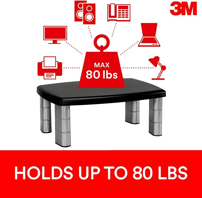 3M Adjustable Monitor Stand, Three Leg Segments, Simply Adjust Height from 1" to 5 7/8", Holds Up to 80 lbs, 11" Space Between Columns, Silver/Black (MS80B) - Image 5