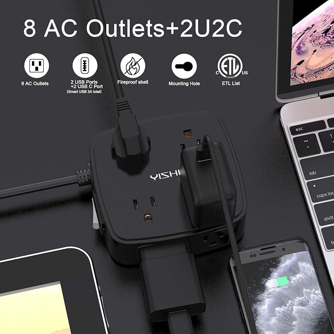 5Ft Surge Protector Power Strip - 8 Widely Outlets with 4 USB Ports, 3 Side Outlet Extender with 5 Feet Extension Cord, Flat Plug, Wall Mount, Desk USB Charging Station, ETL,Black - Image 2