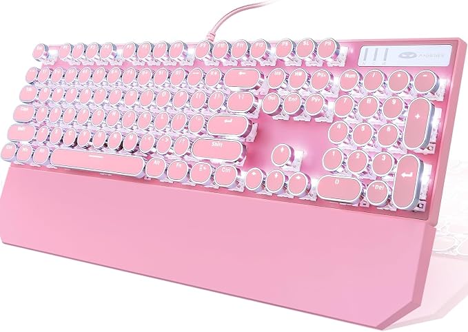 Camiysn Typewriter Style Mechanical Gaming Keyboard, Pink Retro Punk Gaming Keyboard with White Backlit, 104 Keys Blue Switch Wired Cute Keyboards, Round Keycaps for Windows/Mac/PC by Camiysn