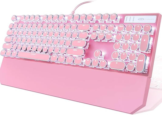 Camiysn Typewriter Style Mechanical Gaming Keyboard, Pink Retro Punk Gaming Keyboard with White Backlit, 104 Keys Blue Switch Wired Cute Keyboards, Round Keycaps for Windows/Mac/PC by Camiysn