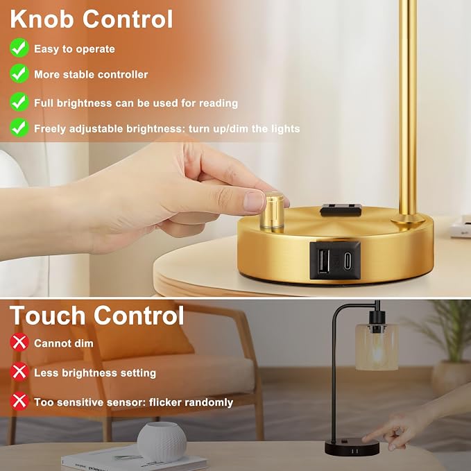 Innqoo Industrial Table Lamps for Bedroom Set of 2 - Fully Dimmable Bedside Lamps with USB Ports and Outlet, Gold Nightstand Lamps with Opal Glass Shade for Living Room, Desk Lamps for Office Reading - Image 4