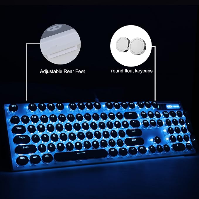 Camiysn Typewriter Style Mechanical Gaming Keyboard, White Retro Punk Gaming Keyboard with Blue Backlit, 104 Keys Blue Switch Wired Cute Keyboards, Round Keycaps for Windows/Mac/PC - Image 4