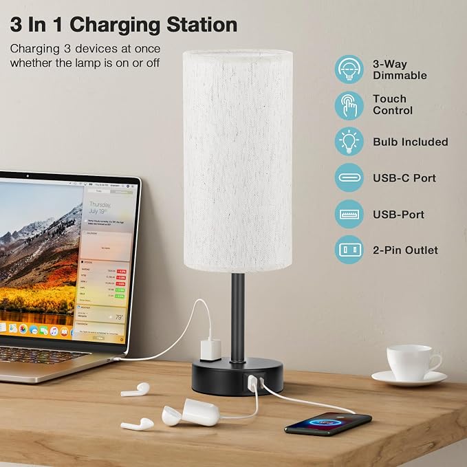 Light Beige Table Lamp for Nightstand - 3 Way Dimmable Bedside Lamp for Bedroom with USB C A Charging Ports and AC Outlet, Small Desk Lamp with Black Base for Living Room, Office, LED Bulb Included - Image 3