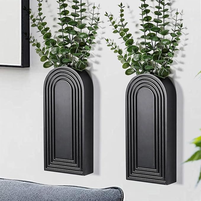 Dnnnii 2 Pack Wooden Wall Vase Set - Black Finish Modern Farmhouse & Boho Wall Decor for Entryway, Hallway, Bathroom, Living Room, Dining Room, Narrow Spaces by Dnnnii