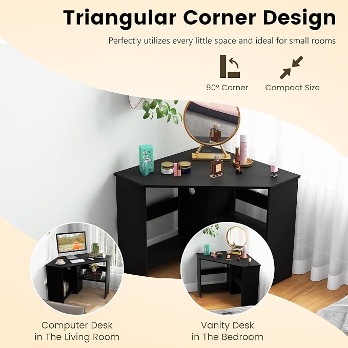 GOFLAME Corner Desk with Storage Shelves, Triangular Computer Desk with Cable Management Holes, Laptop Workstation for Small Space, Makeup Vanity Desk for Living Room, Study, Black - Image 6