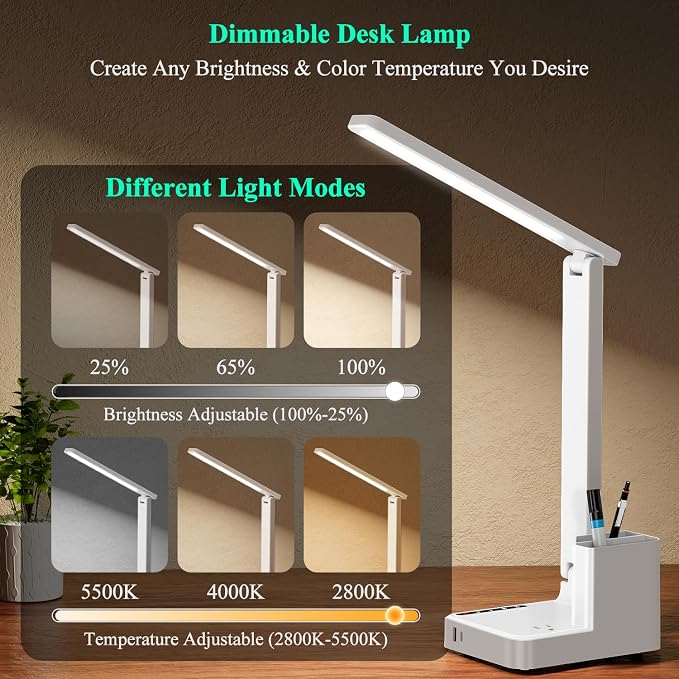 COZOO LED Desk Lamp with 2 USB Charging Ports,Type C Port,1 AC Outlet,2 Pen Holders,3 Color Temperature 3 Brightness Level,Touch/Memory/Timer,10W Eye Protection Foldable Reading Light,Study Lamp-White - Image 2