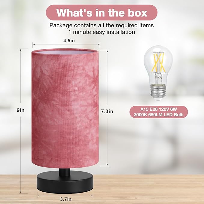 Fenmzee Small Table Lamps(Pink Shade - Black Base, 9" Inline Control) | 3000K LED Blub Included | 680 Lumens | Easy Assembly | Minimalist Design | E26 | for Kitchen | for Kids Room - Image 3