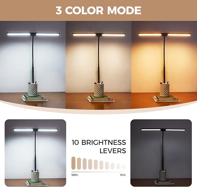 Voncerus LED Desk Lamp for Home Office, Double Head Desk Light with Clamp | 3 Modes 10 Brightness, Long Flexible Goose-Neck, Eye-Caring, Memory Function, Energy Efficient, USB Adapter, Metal, Black - Image 2