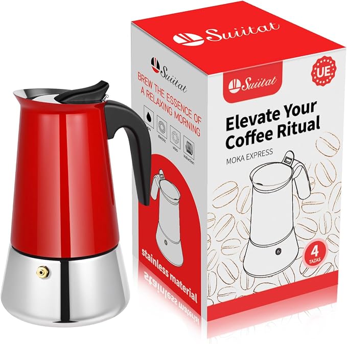 4 Cup Stainless Steel Moka Pot, 200ml Stovetop Espresso Maker, Red | 304 Stainless Steel Mocha Pot, Induction Compatible, Greca de Cafe, Cuban and Italian Coffee Maker by Suiitat