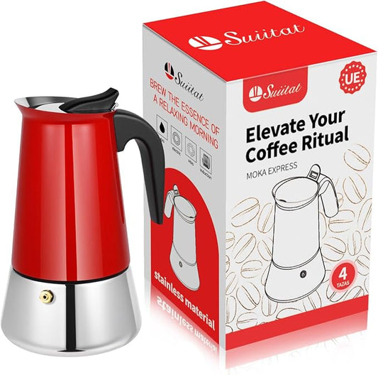 4 Cup Stainless Steel Moka Pot, 200ml Stovetop Espresso Maker, Red | 304 Stainless Steel Mocha Pot, Induction Compatible, Greca de Cafe, Cuban and Italian Coffee Maker by Suiitat