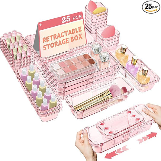 25 Pcs Clear Drawer Organizer, Adjustable Drawer Storage Box, 3-Size Desk Drawer Organizer, Acrylic Storage Bins for Makeup, Kitchen Utensils, Bedroom Dressers Tool Organizer for Gadgets, Pink by Hiitytin