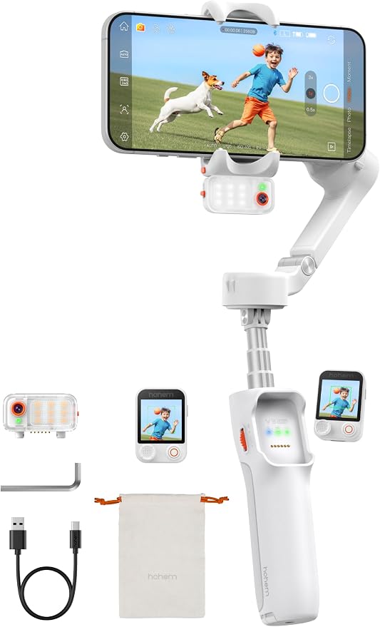 Hohem iSteady V3 Ultra Gimbal Stabilizer for Smartphone, AI Tracking Phone Gimbal, 1.22" Touchscreen Detachable Remote Control, Built-in Extension Rod & Tripod, 360° Infinite Pan, Vlog Filming, White by Hohem