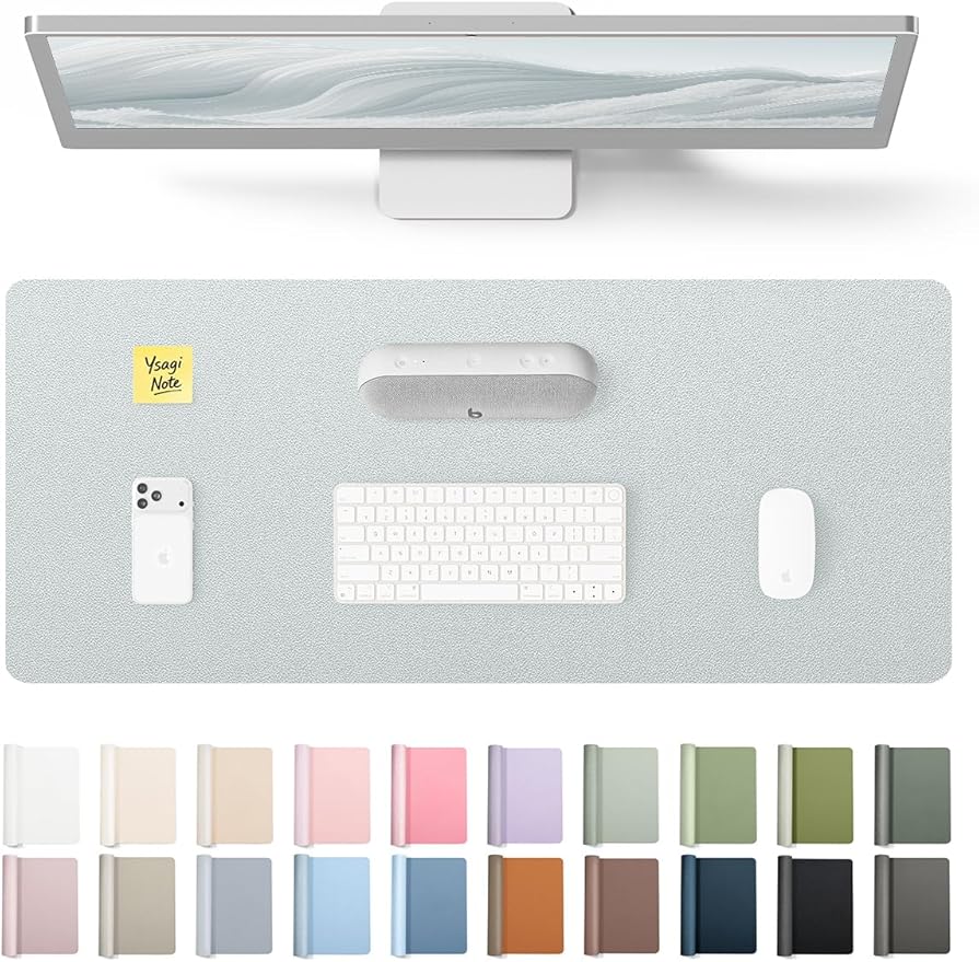 YSAGi Leather Desk Pad Protector, Office Desk Mat, Large Mouse Pad, Non-Slip PU Leather Desk Blotter, Laptop Desk Pad, Waterproof Desk Writing Pad for Office and Home (Silver, 23.6" x 13.8") by YSAGi