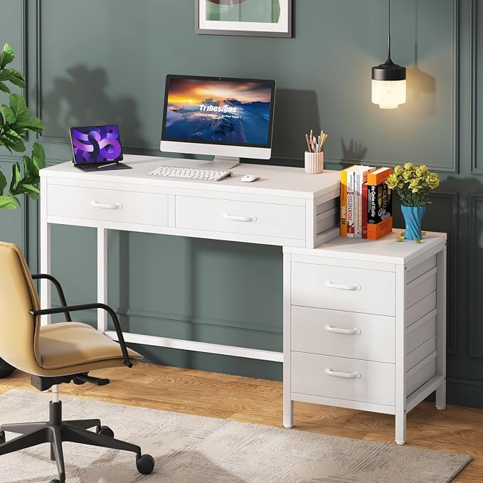 Tribesigns Computer Desk with 5 Drawers, Reversible Home Office Desks | Small Desk with Drawer Cabinet Printer Stand, PC Desk with Storage, White Study Writing Table Workstation for Small Spaces - Image 4