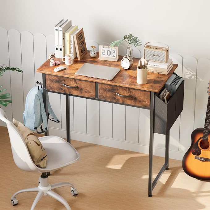 DUMOS 32" Home Office Computer Desk with Drawers, Small Gaming Writing Study Table with Storage Side Bag, Headphone Hook and Adjustable Feet for Bedroom Rustic Brown - Image 4