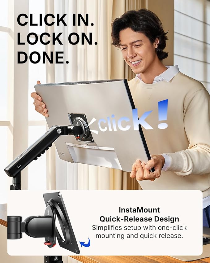 HUANUO FlowLift™ Pro Monitor Arm for 13–32" Screens, MechaSpring Monitor Mount, Fully-Adjustable Monitor Stand with Tilt/Swivel/Rotation, Tool-Free VESA Mount, C-Clamp/Grommet Base, Max Load 19.8 lbs - Image 7