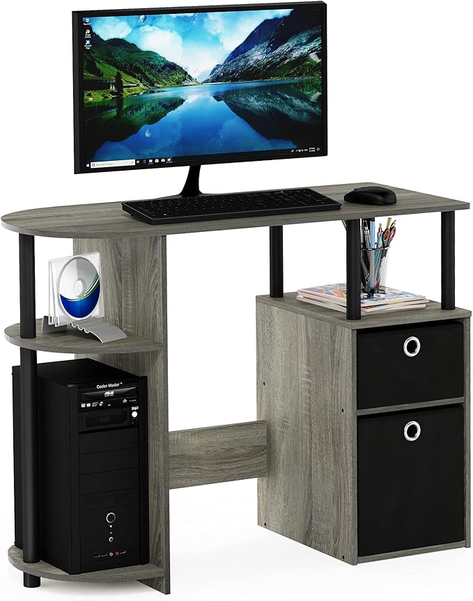 Furinno JAYA Desk, 38.4" Wide Gaming Desk with Bin Drawers, Computer Desk with Side Shelf, Office Desk for Study, Home Office, Bedroom, Dorm, Study Room, French Oak by Furinno-FitsYourSpaceFitsYourBudget