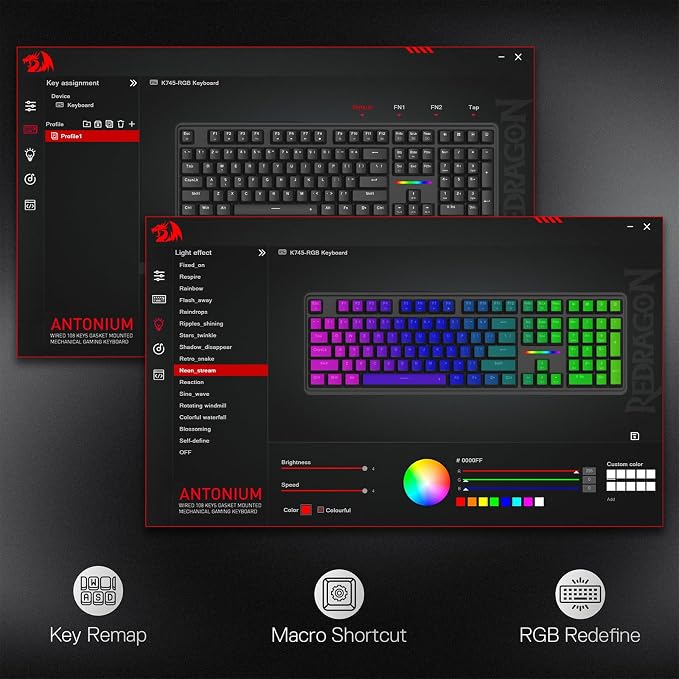 Redragon K745 Wired 108-Key Gasket RGB Gaming Keyboard, 4 Extra Hotkeys | Dedicated Shortcut Keys for Mute, Calc & Desktop, Cushioned 5-Layer Dampening for Creamy Thocky Sound, Programmable Software - Image 8