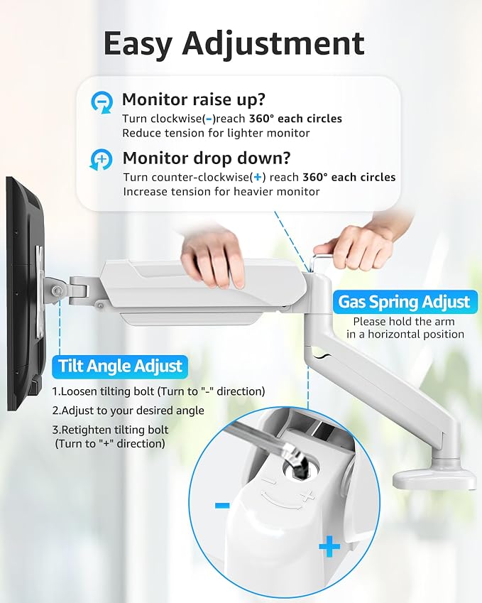 MOUNTUP Single Monitor Desk Mount Holds Screen up to 32 inch, Height Adjustable Monitor Arm, Full Motion Computer Monitors Stand with Clamp/Grommet Base, VESA Mounts Fit 4.4-17.6lbs Computer, White - Image 2