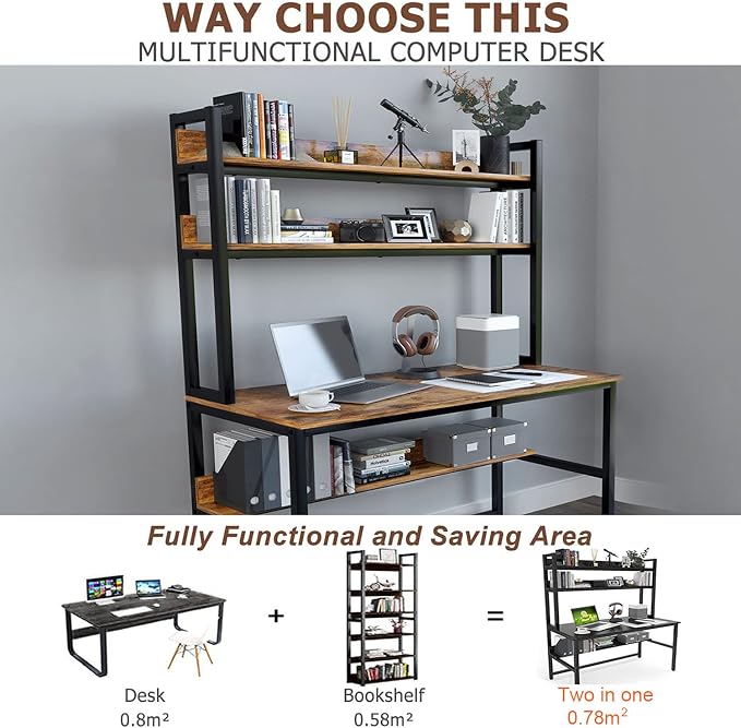 Aquzee Computer Desk with Hutch, 47“W x 23.6" D Desk with Shelves, Tall Home Office Desk with Bookshelf, Metal Legs Study Table with Upper Storage Shelf for Study Writing/Workstation - Image 4