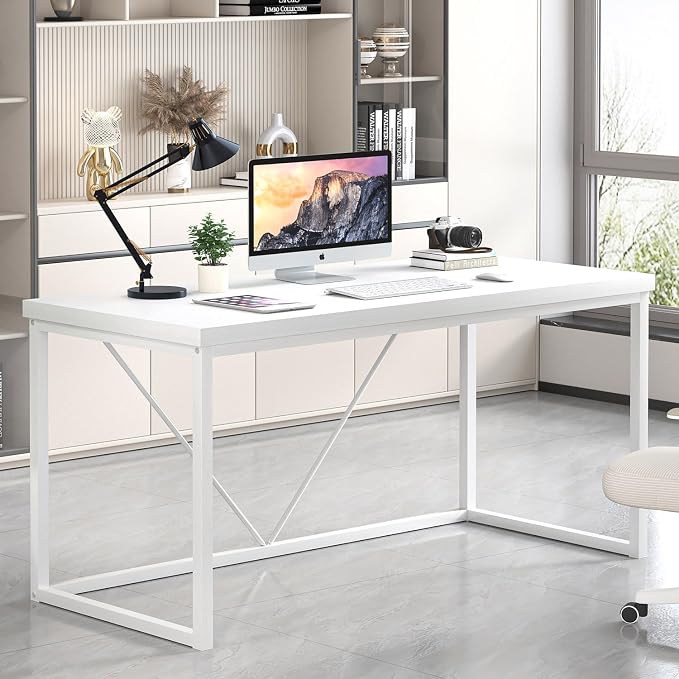 EXCEFUR Home Office Desk, Modern Wood Computer Desk, Wood Study Writing Table, Simple Gaming Executive Desk Workstation for Bedroom Living Room, White, 53 inch - Image 5