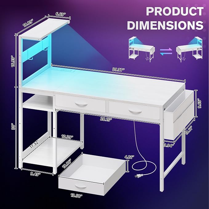 40 Inch Small Gaming Desk with Drawers & Led Lights & Storage Bag, White | Reversible Storage Shelf, Power Outlets, Wood Grain Gaming Table, Compact Computer Desk for Small Space, Bedroom, Home Office - Image 3