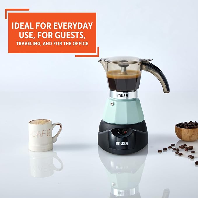 IMUSA 3 or 2 Cup Electric Espresso Maker with Cool-touch Handle, Mint | Polished Aluminum Finish, Keep Warm Function with Detachable Base, Brews Cuban and Italian Style, Perfect for Small Spaces - Image 6