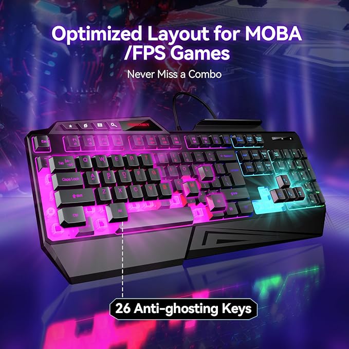 TECKNET Wired RGB Gaming Keyboard - 26-Key Anti-Ghosting, 13 Lighting Modes, Spill-Resistant, 108 Membrane Keys, Plug & Play - with Ergonomic Wrist Rest & Phone Holder for Windows/Mac (Black) - Image 2