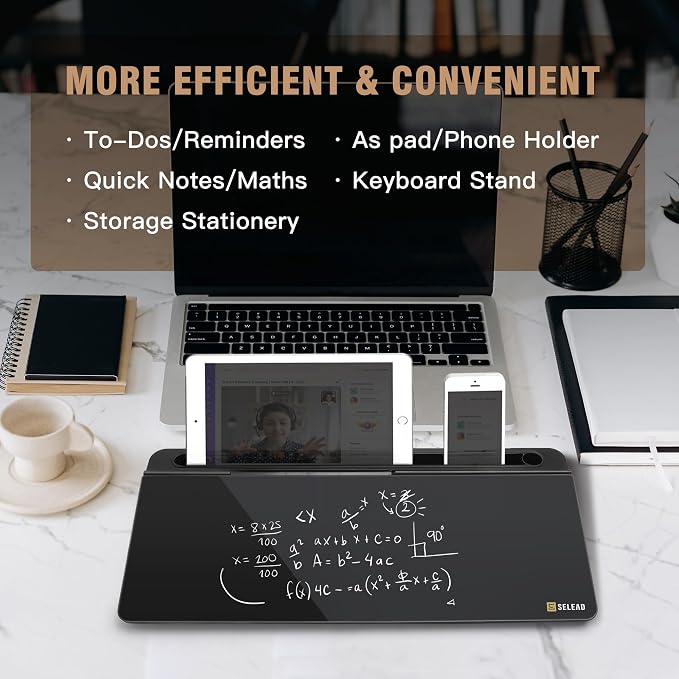 SELEAD Desktop Glass Whiteboard with Organizer, Markers, Eraser - Dry Erase Board Computer Pad Keyboard Stand with Drawer and Holder for Home, School, Office - Black - Image 2