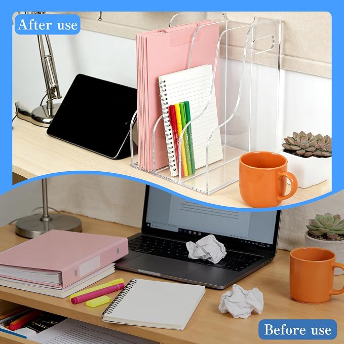 3-Tier Clear Acrylic File Holder, Vertical Document Organizer for Magazines, Binders, Notebooks & Envelopes - Multi-Purpose Desk Storage for Home Office（A4,3 Sections） - Image 5
