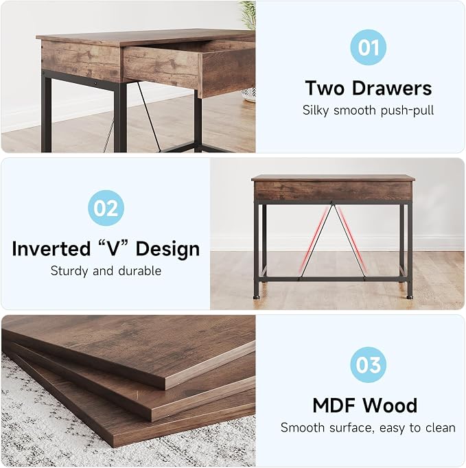 Mexin Small Desk with 2 Wooden Drawers, 40 Inch Home Office Writing Desk, Vanity Desk with Storage, Computer Desk for Bedroom Small Spaces, Table for Office, Kids Study, Makeup, Rustic Brown - Image 6