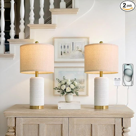 PoKat 21.5'' Stone-Like Bedside Table Lamps Set of 2 for Bedroom with 2 USB A+C, Modern Lamps for Living Room, Ceramic Nightstand Desk Lamps with Charging Ports Office Dorm Sideboard (Frosted White) by Pokat