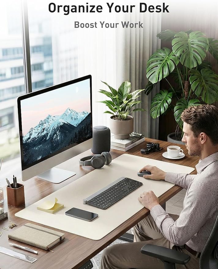 Aothia Faux Leather Desk Mat - Non-Slip PU Leather Desk Blotter, Waterproof Writing Surface, Large Desk Pad for Office & Home (Off-White, 55" x 17") - Image 3