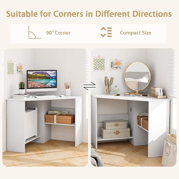 Tangkula White Corner Desk - 90 Degrees Triangle for Computer, Small Space, Bedroom, Makeup Vanity Desk with Storage Shelves & CPU Stand, Space Saving Writing Desk - Image 6