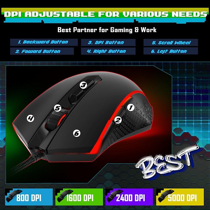 Redragon Updated S107 Gaming Keyboard and Mouse, RGB Gaming Keyboard and 10000 DPI Mouse Combo with 25-Key Anti-Ghosting, 1K Hz Programmable Mice with Software, Plug & Play to PC, Laptop [Upgrade] - Image 3