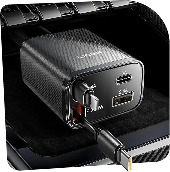 LISEN Retractable Car Charger, 84W Car Charger USB C Fast Charger Adapter, Car Accessories for Men Women, Gifts for Fathers Day for Men Dad Husband, for iPhone 17 16 15 14 13 12 Pro Max, Carbon-Grey | Multiple Ports Car Charger, Retractable Car Charger... by Lisen