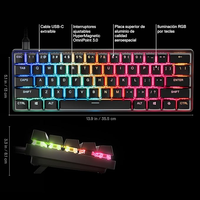 SteelSeries Apex Pro Mini Gen 3 OmniPoint 3.0 HyperMagnetic Switches — Adjustable Actuation — Rapid Trigger — Game-Ready Presets — Protection Mode — Rapid Tap/SOCD — RGB — PBT Keycaps — USB-C - Image 3