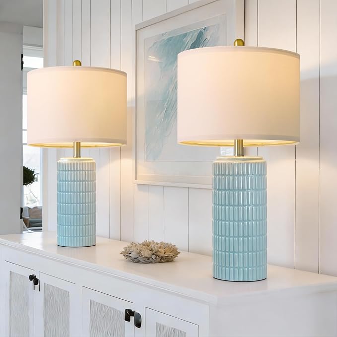 PoKat 23" Light Blue Table Lamps Set of 2, Modern Bedside Lamps for Bedroom, Coastal Ceramic End Table Lamps for Living Room, Ocean Nightstand New Home Decor Lamps - Image 8