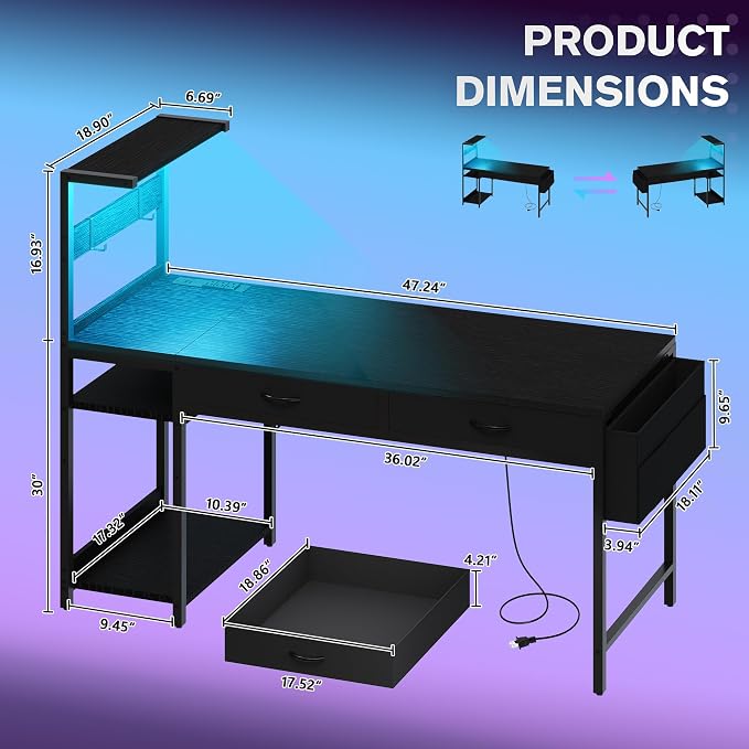 48 Inch Small Gaming Desk with Drawers & Led Lights & Storage Bag, Black | Reversible Storage Shelf, Power Outlets, Wood Grain Gaming Table, Compact Computer Desk for Small Space, Bedroom, Home Office - Image 3