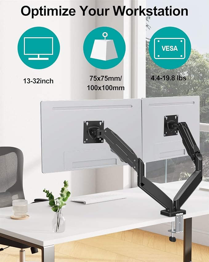 MOUNT PRO Dual Monitor Mount Fits 13 to 32 Inch Screen, Height Adjustable Monitor Stand for 2 Monitors, Full Motion Display Arm Holds up to 19.8lbs Each, Computer Desk VESA Mount, Black - Image 2