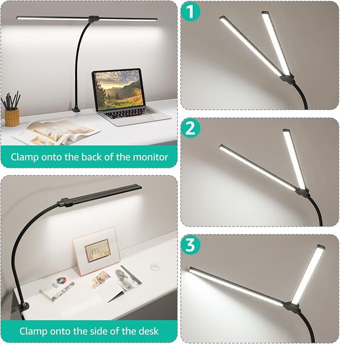 ShineTech LED Desk Lamp for Home Office, 4000K Neutral White Double Head Architect Task Lamps with Clamp, Dimmable Adjustable Flexible,Black - Image 6