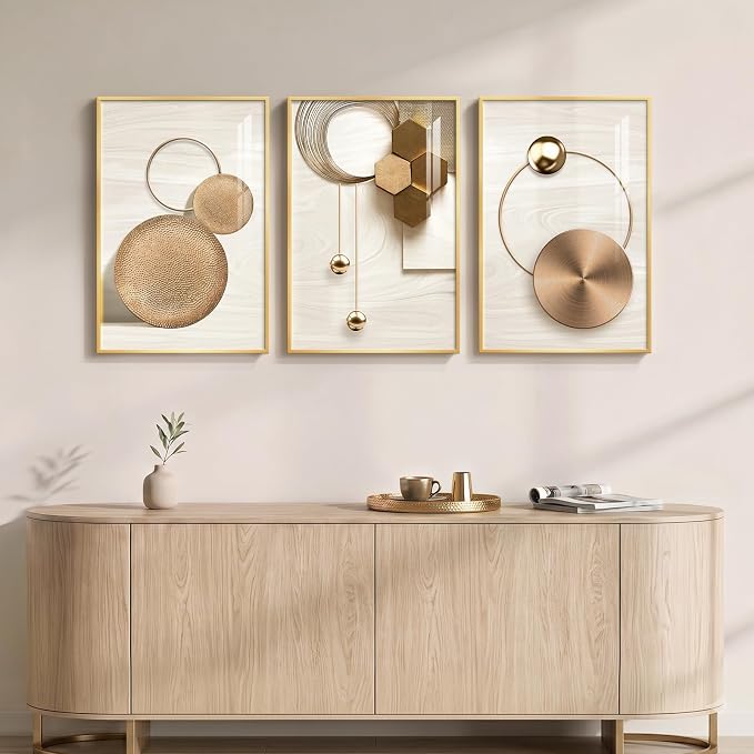 Framed Modern Luxury Gold Wall Art for Living Room, 3 Piece Bright Style Art Prints Paintings Artwork for Walls, Bronze Cirle Geometric Pictures for Dining Room Office Bedroom Hallway Wall Decor 16x24 In - Image 3