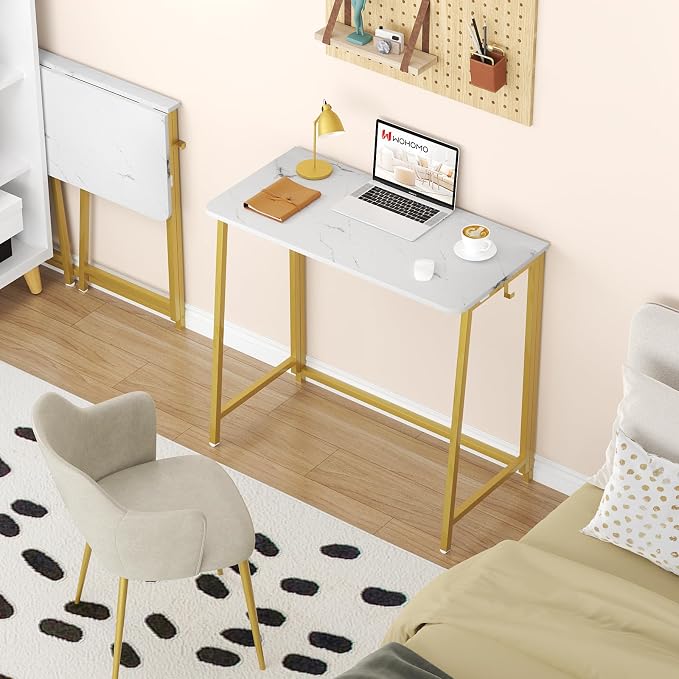 WOHOMO Folding Desk, 39.4" Foldable Computer Table for Small Spaces, Gold | Easy Assembly and Fold, Sturdy Home office desks for Study Bedroom Dorm Space Saving Writing Work Apartment - Image 2