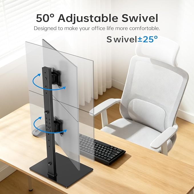Vertical Dual Monitor Stand for 13-32 Inch Monitors, No Clamp, Freestanding | Supports 44 lbs/Arm | Tempered Glass Base | ±25° Swivel | -5° to +10° Tilt | 8 Height Options | VESA 75×75/100×100 mm - Image 5