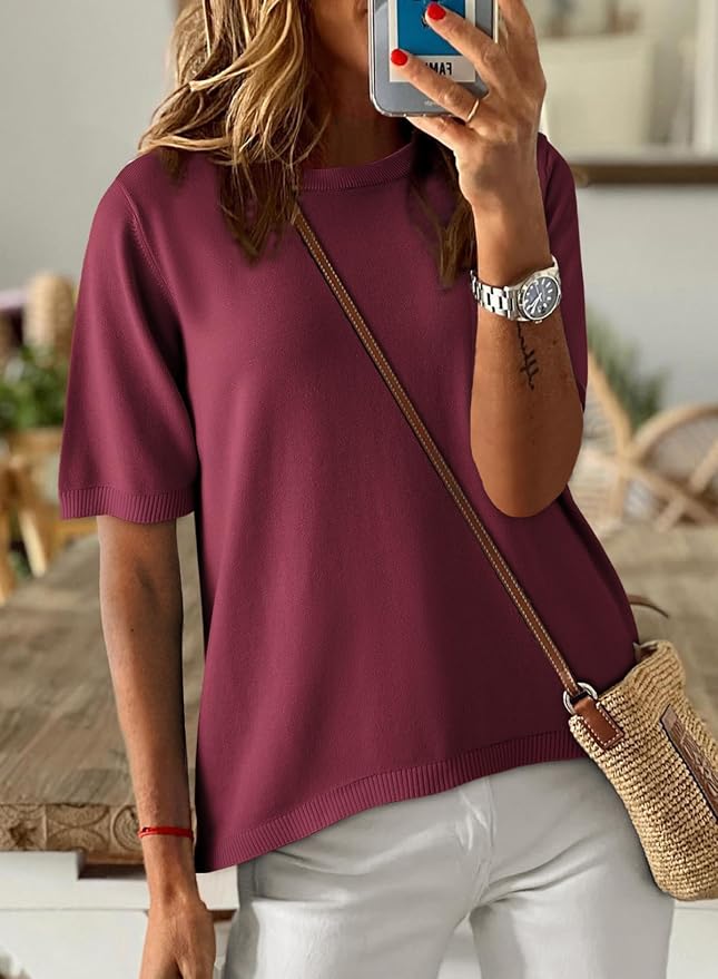 Dokotoo Womens Tops 2026 Casual Summer Crewneck Short Sleeve Striped Color Block Knit High Low Trendy Pullover Sweaters - Image 2
