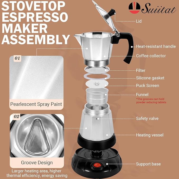 Electric Moka Pot, 3 or 6 Cup Espresso Coffee Maker, Silver | Food-grade aluminum, dose reduction plate, boil-dry protection, auto-stop, detachable base, for Cuban and Italian coffee - Image 2