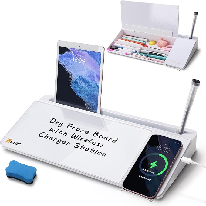 SELEAD Desktop Glass Whiteboard with Wireless Charger Station, Dry Erase Board Computer Pad Keyboard Stand with Organizer Drawer for Home, School, Office Desk Accessories, White by SELEAD