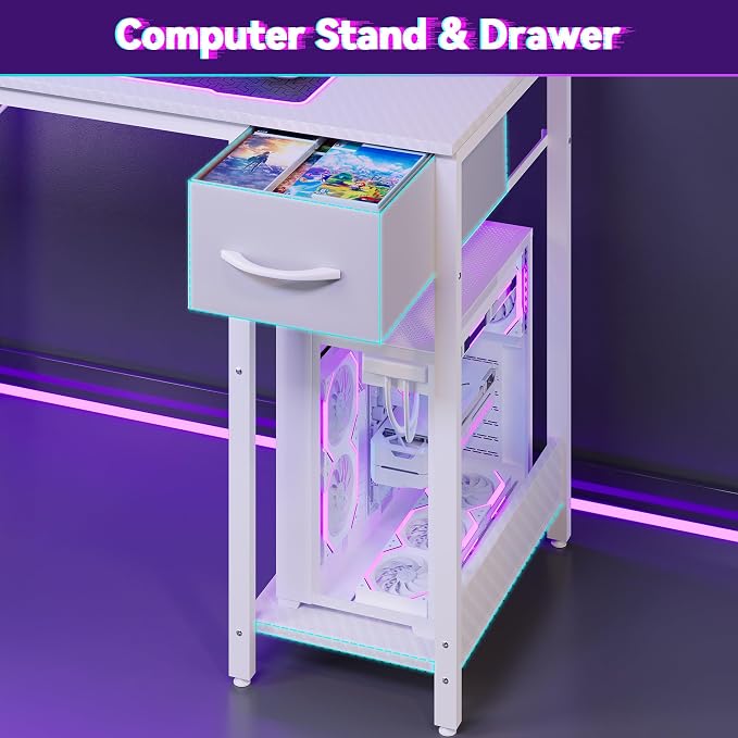 Apicizon L Shaped Gaming Desk 53", Reversible Corner Computer Desk with LED Lights, Carbon Fiber Surface, Pegboard with Hooks, Drawer & PC Tower Stand, USB Charging Port - Image 7