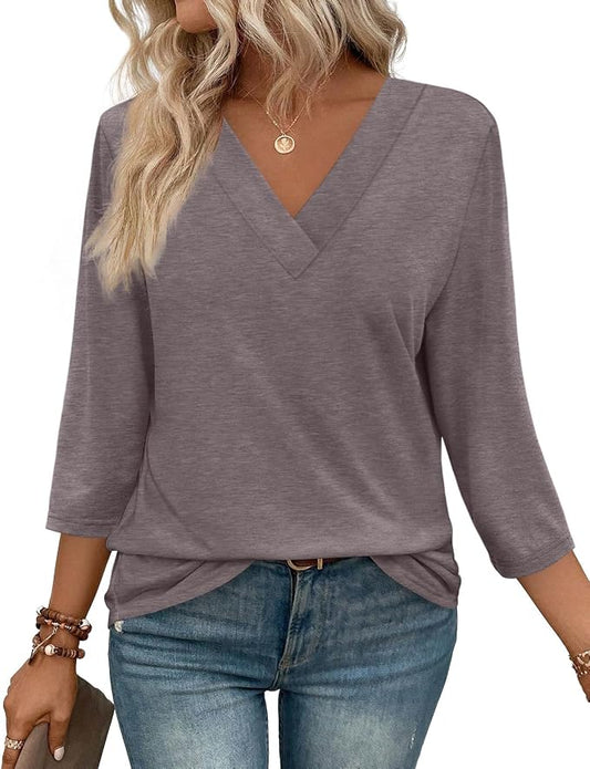 WIHOLL Womens Tops 3/4 Length Sleeve V Neck Casual Tunic Tops Basic Shirts Loose Fit Blouse by WIHOLL