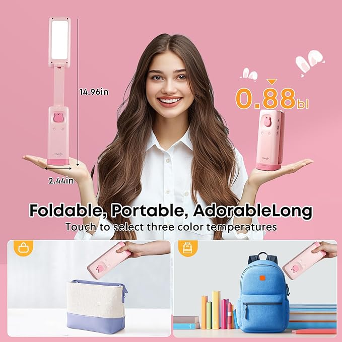 VAVOFO Cute Bunny Desk Lamp, Foldable LED Rechargeable Table Light, Eye-Caring Reading Lamp, 3 Color Modes & Dimmable, for Kids Girls Bedroom Study Dorm Room(Pink) - Image 3